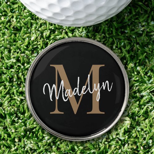Girly Black Gold Monogram Feminine Trendy Script Golf Ball Marker