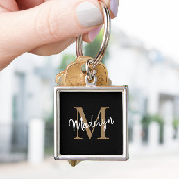 Girly Black Gold Monogram Name Elegant Chic Script Keychain