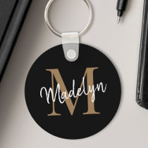 Girly Black Gold Monogram Name Elegant Chic Script Keychain