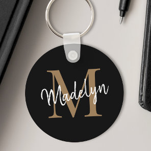 Girly Black Gold Monogram Name Elegant Chic Script Keychain