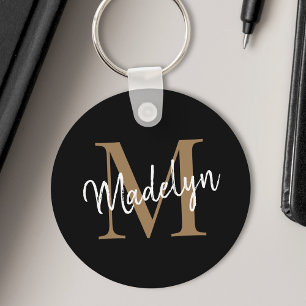 Girly Black Gold Monogram Name Elegant Chic Script Keychain