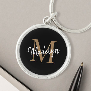 Girly Black Gold Monogram Name Elegant Chic Script Keychain