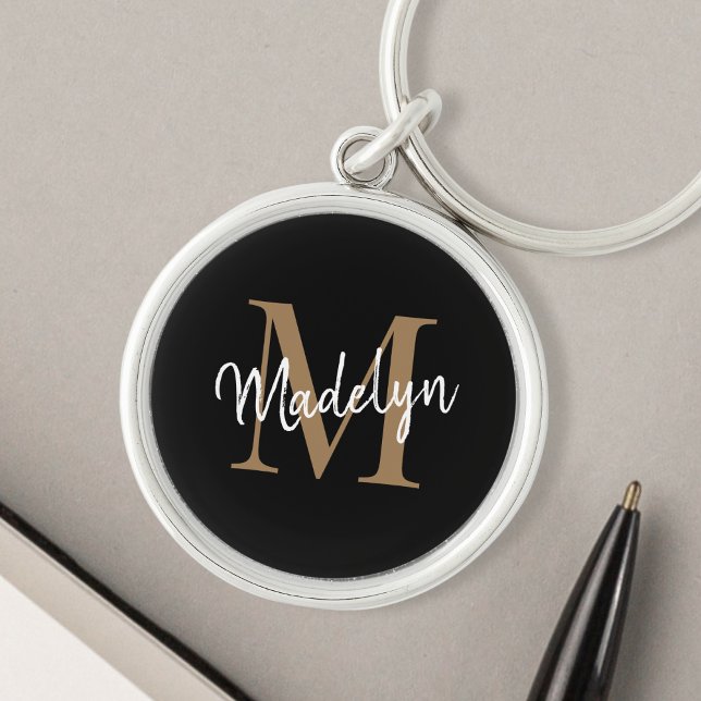 Girly Black Gold Monogram Name Elegant Chic Script Keychain (Personalized black gold keychain with your name and initials in a modern girly script font.)