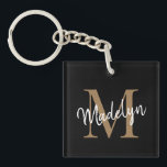 Girly Black Gold Monogram Name Elegant Chic Script Keychain<br><div class="desc">Girly Black Gold Monogram Name Elegant Chic Script Keychain. Easily personalize this modern elegant keychain with your custom monogram and name.</div>