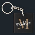 Girly Black Gold Monogram Name Elegant Chic Script Keychain<br><div class="desc">Girly Black Gold Monogram Name Elegant Chic Script Keychain. Easily personalize this modern elegant keychain with your custom monogram and name.</div>