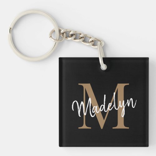 Girly Black Gold Monogram Name Elegant Chic Script Keychain