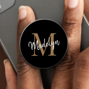 Girly Black Gold Monogram Name Elegant Chic Script PopSocket