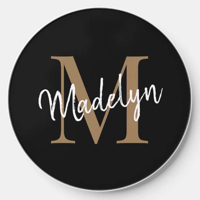 Girly Black Gold Monogram Name Elegant Chic Script Wireless Charger (Front)
