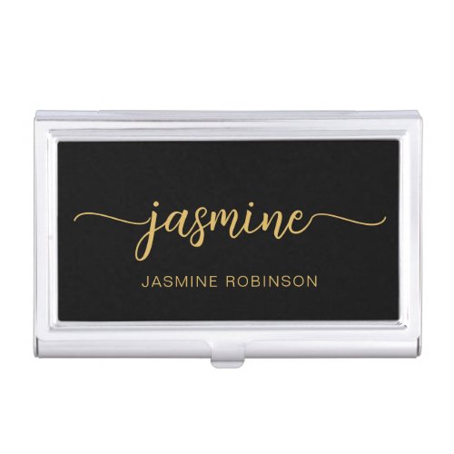 Girly Black Gold Monogram Name Signature Script Business Card Case