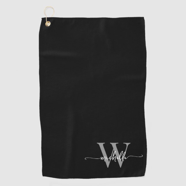 Girly Black Gray Elegant Monogram Name Script Golf Towel (Front)
