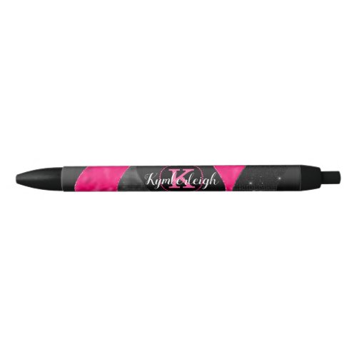 Girly Black Gray Hot Pink Waves Glam Monogram Name Black Ink Pen