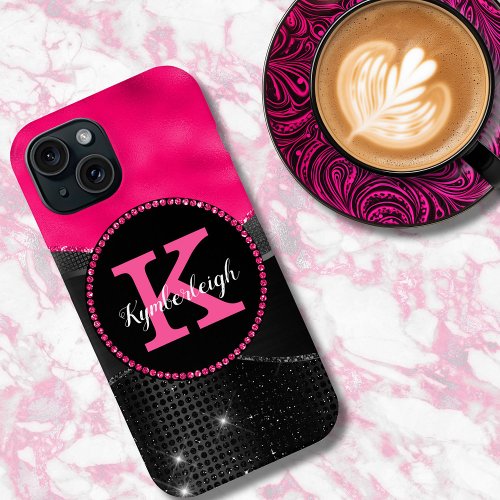 Girly Black Gray Hot Pink Waves Glam Monogram Name iPhone 15 Case