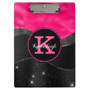 Girly Black Gray Hot Pink Waves Glam Monogram Name Clipboard
