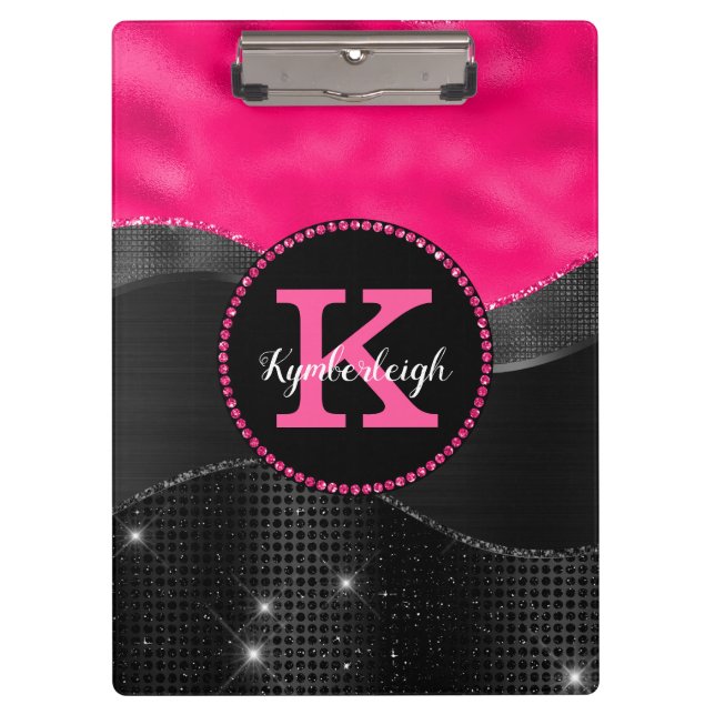 Girly Black Gray Hot Pink Waves Glam Monogram Name Clipboard (Front)