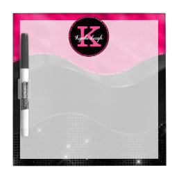 Girly Black Gray Hot Pink Waves Glam Monogram Name Dry Erase Board