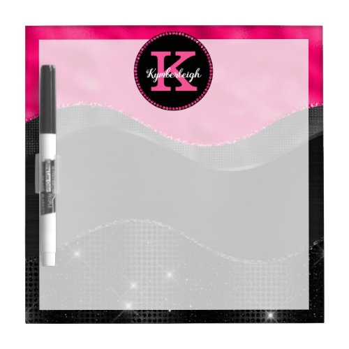 Girly Black Gray Hot Pink Waves Glam Monogram Name Dry Erase Board