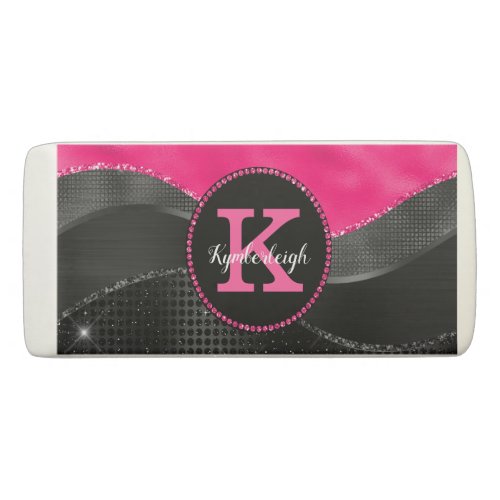 Girly Black Gray Hot Pink Waves Glam Monogram Name Eraser