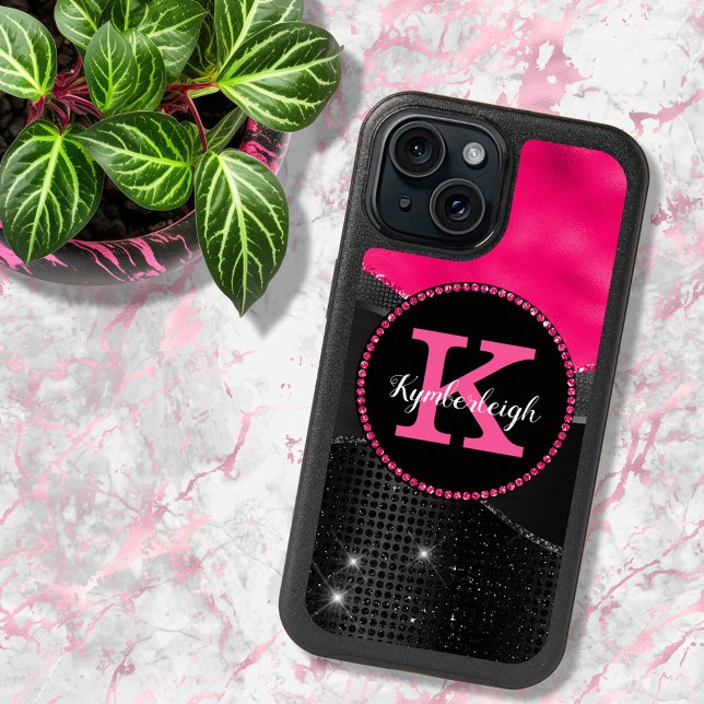 Girly Black Gray Hot Pink Waves Glam Monogram Name iPhone 15 Case (Creator Uploaded)