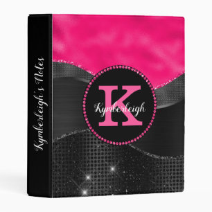 Girly Black Gray Hot Pink Waves Glam Monogram Name Mini Binder
