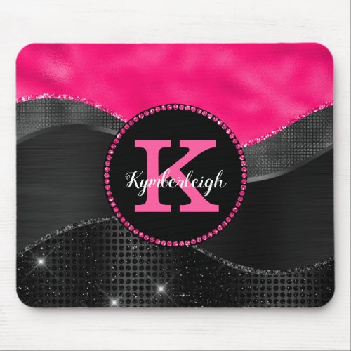 Girly Black Gray Hot Pink Waves Glam Monogram Name Mouse Pad