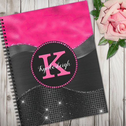 Girly Black Gray Hot Pink Waves Glam Monogram Name Notebook