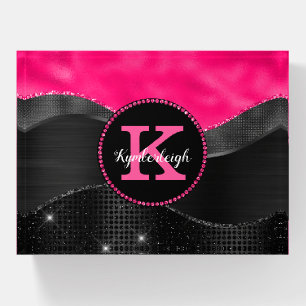 Girly Black Gray Hot Pink Waves Glam Monogram Name Paperweight