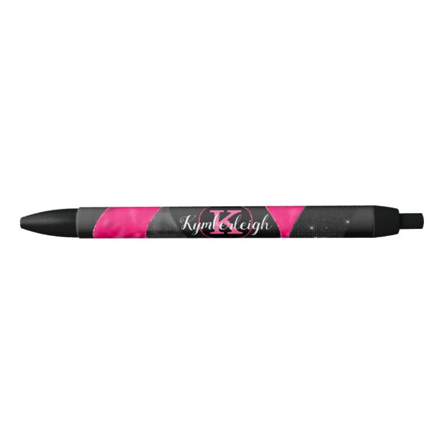 Girly Black Gray Hot Pink Waves Glam Monogram Name Pen (Front)
