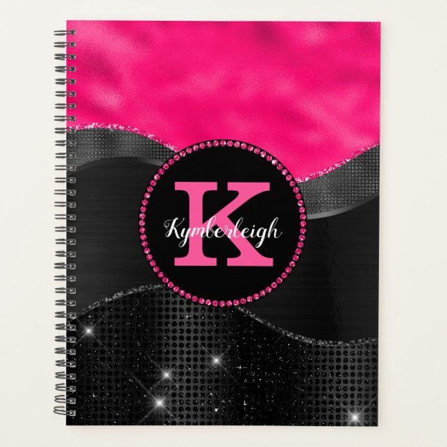 Girly Black Gray Hot Pink Waves Glam Monogram Name Planner (Front)
