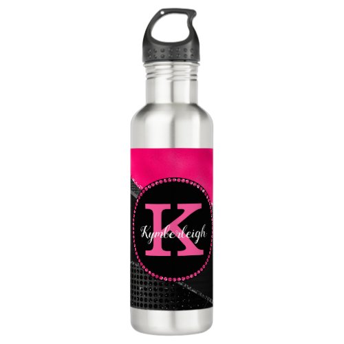 Girly Black Gray Hot Pink Waves Glam Monogram Name Stainless Steel Water Bottle