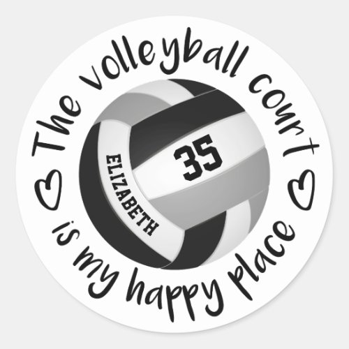 girly black gray volleyball court my happy place classic round sticker