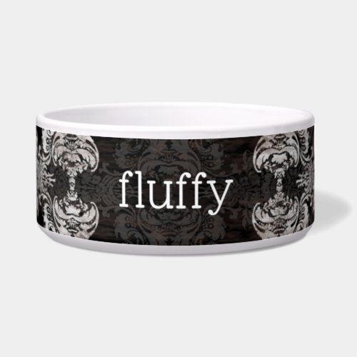 Girly Black Grunge Damask Pattern Custom Monogram Bowl