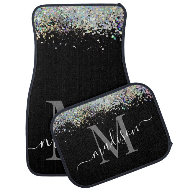 Girly Black Holographic Glitter Monogram Car Floor Mat (Set)