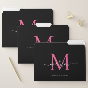 Girly Black Hot Magenta Pink Monogram Script Name File Folder
