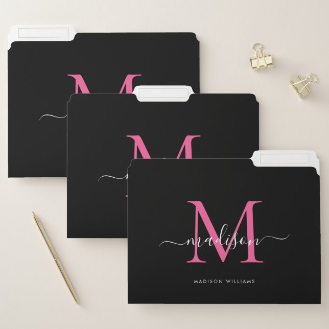 Girly Black Hot Magenta Pink Monogram Script Name File Folder (Set)