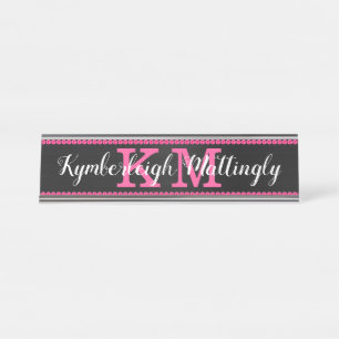 Girly Black Hot Pink Diamonds Glam Monogram Name Desk Name Plate