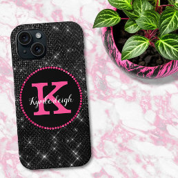Girly Black Hot Pink Glam Diamond Monogram Name iPhone 15 Case