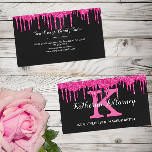 Girly Black Hot Pink Glitter Drips Chic Monogram Business Card