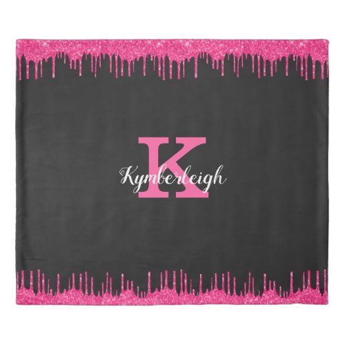 Girly Black Hot Pink Glitter Drips Monogram King  Duvet Cover