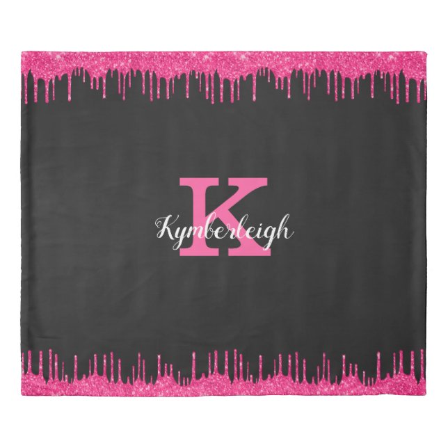 Girly Black Hot Pink Glitter Drips Monogram King  Duvet Cover (Front)
