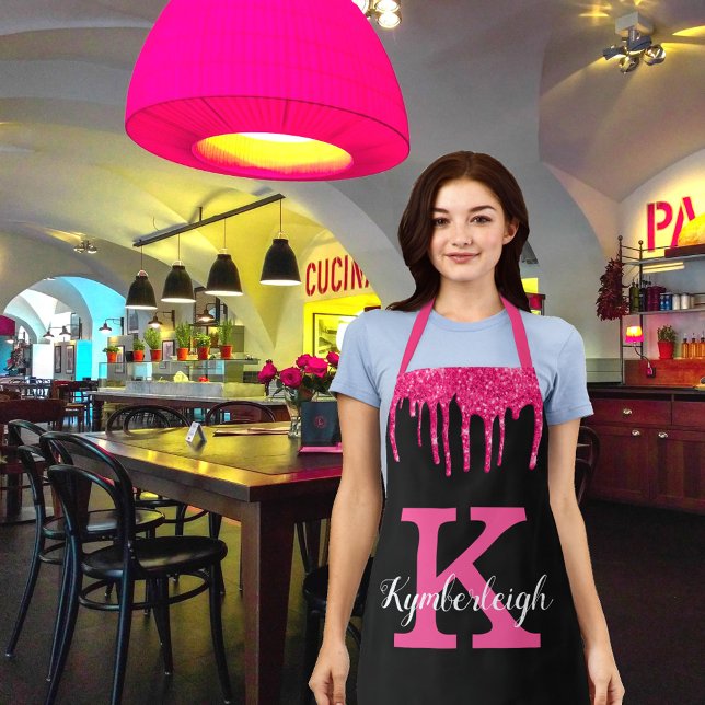 Girly Black Hot Pink Glitter Drips Monogram Name Apron (Creator Uploaded)