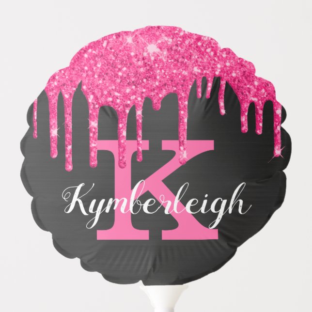 Girly Black Hot Pink Glitter Drips Monogram Name Balloon (Front)