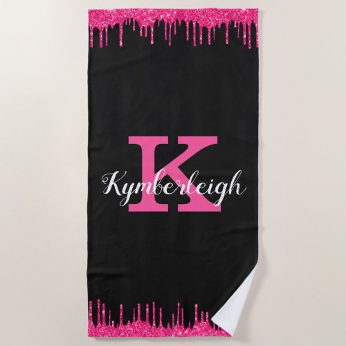 Girly Black Hot Pink Glitter Drips Monogram Name Beach Towel