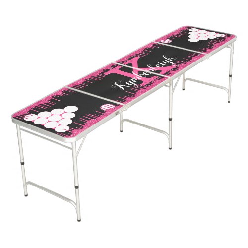 Girly Black Hot Pink Glitter Drips Monogram Name Beer Pong Table
