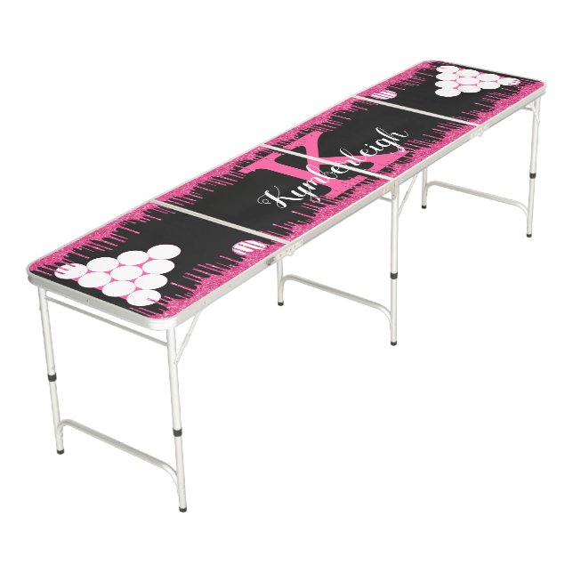 Girly Black Hot Pink Glitter Drips Monogram Name Beer Pong Table (Angled)