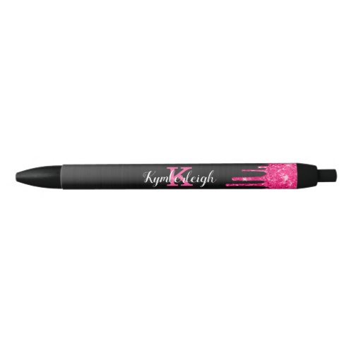 Girly Black Hot Pink Glitter Drips Monogram Name Black Ink Pen
