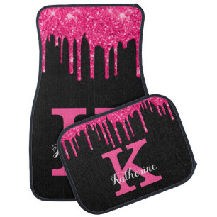Girly Black Hot Pink Glitter Drips Monogram Name Car Floor Mat