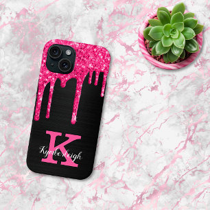 Girly Black Hot Pink Glitter Drips Monogram Name iPhone 15 Case