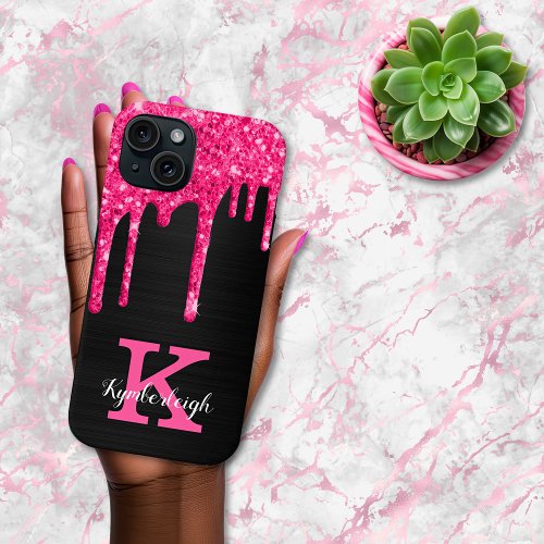 Girly Black Hot Pink Glitter Drips Monogram Name iPhone 15 Case