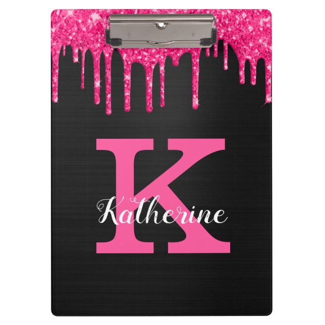 Girly Black Hot Pink Glitter Drips Monogram Name Clipboard (Front)