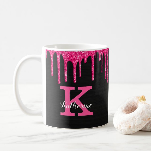 Girly Black Hot Pink Glitter Drips Monogram Name Coffee Mug (With Donut)